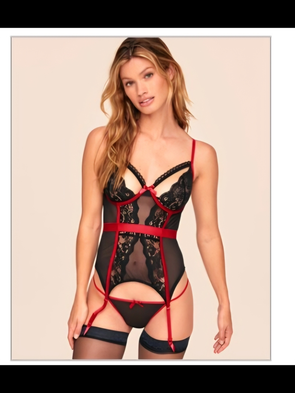 Adore Me 'Lyla' Unlined - Black & Red Lace Garter Teddy